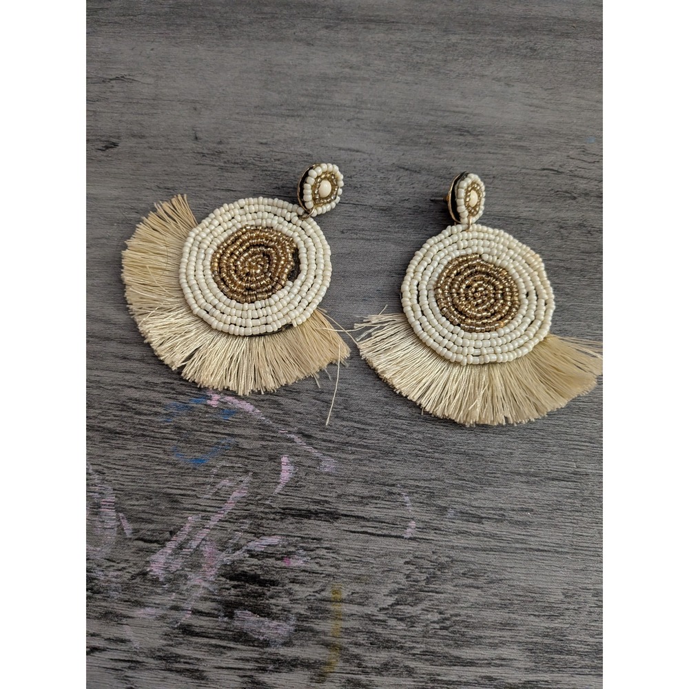 Boho Beaded Fringe Statement Earrings Cream Gold Seed Bead Tassel Drop Post